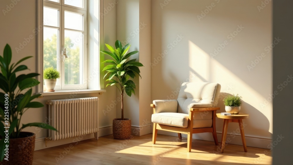 Serene living room with sunlight streaming through a window illuminating a comfortable armchair, potted plants, and a small side table Serene living room with sunlight streaming through a window illuminating a comfortable armchair, potted plants, and a small side table