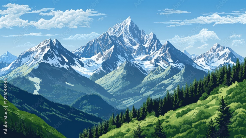 Majestic mountain range under a clear blue sky with lush green valleys and pine forests Majestic mountain range under a clear blue sky with lush green valleys and pine forests