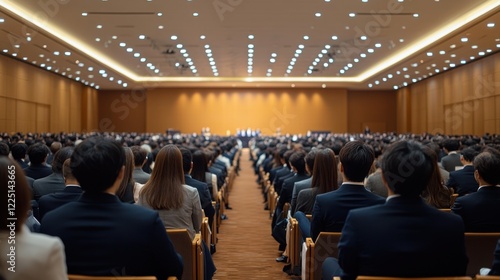 A business conference audience captured from behind, rows of professionals seated in a spacious, contemporary conference hall photo