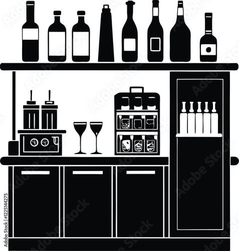 Alcohol bar with barmen and couple black and white Illustration