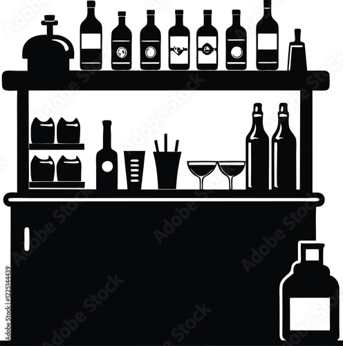 Alcohol bar with barmen and couple black and white Illustration