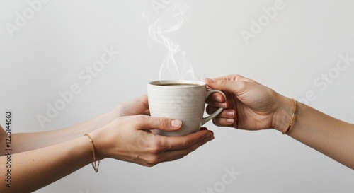 Two Hands Passing Steaming Hot Coffee Cup with Smoke on White