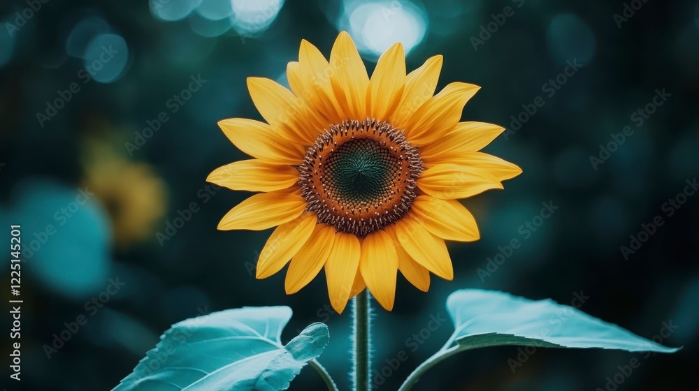 Fototapeta premium Close up view of a single sunflower with yellow petals and dark brown center, set against a blurred background of teal and green hues. Soft lighting