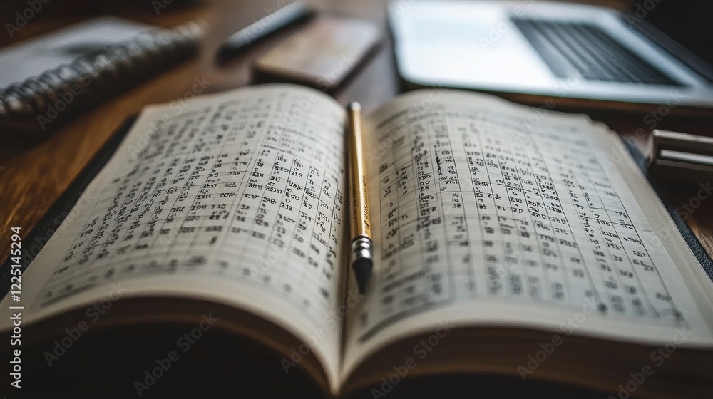 Open Music Sheet on Wooden Table with Laptop and Stationery Items