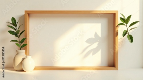 Sunlight illuminates a minimalist scene with a blank wooden frame, complemented by potted greenery in ceramic vases.