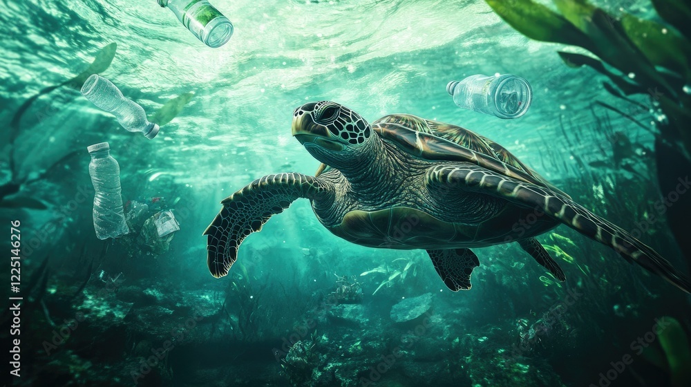 Fototapeta premium Marine life endangered: turtle swimming near plastic bottles and bags in the ocean, symbolizing environmental issues
