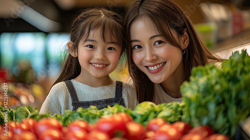 Mother and Daughter Grocery Shopping in the Supermarket with Smiles photo