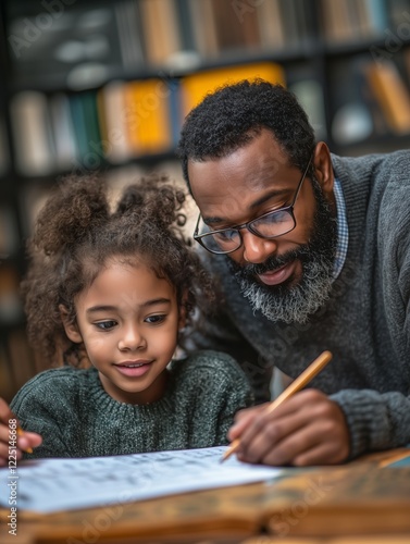 Father helps his young daughter with homework in a cozy library, both focused and engaged in learning