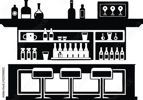 Alcohol bar with barmen black and white Illustration
