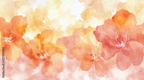 Watercolor painting of peach and orange flowers. Soft, dreamy aesthetic. Light background with subtle texture. Warm color palette. Floral artwork