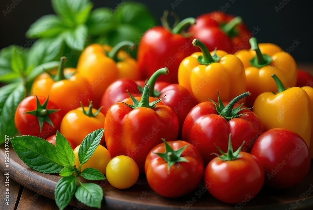 A vibrant collection of ripe red and yellow bell peppers and tomatoes, artfully arranged with fresh green herbs on a rustic wooden surface. A vibrant collection of ripe red and yellow bell peppers and tomatoes, artfully arranged with fresh green herbs on a rustic wooden surface.