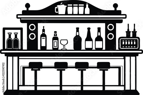 Alcohol bar with barmen black and white Illustration