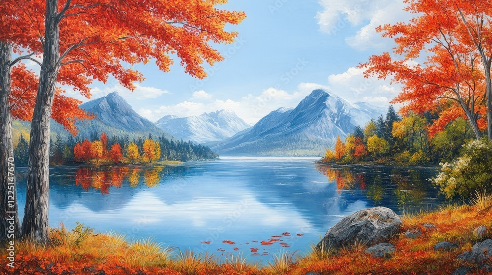 Naklejka premium Peaceful autumn scene with a mountain lake surrounded by vivid fall foliage and reflections in the water