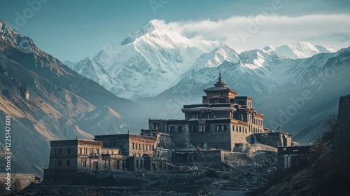 Majestic Himalayan monastery nestled in mountains.
