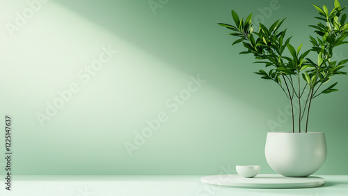 Wallpaper Mural minimalist green background with potted plant and small bowl Torontodigital.ca