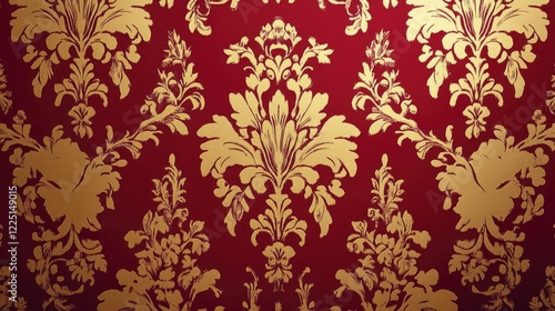 Rich damask wallpaper in deep red and gold, featuring bold and detailed symmetrical patterns