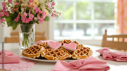 A bright and cozy Valentine Day breakfast nook featuring a table with heart-shaped waffles, pink napkins and a vase of fresh flowers photo