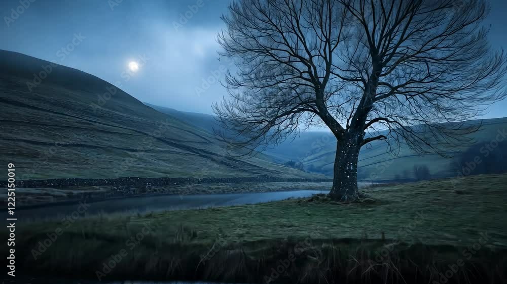 Solitary Tree by Moonlit Lake in Serene Valley