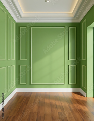 Wallpaper Mural Modern classic green empty interior with wall panels and wooden floor. 3d render illustration mock up, asian style, with white tones Torontodigital.ca