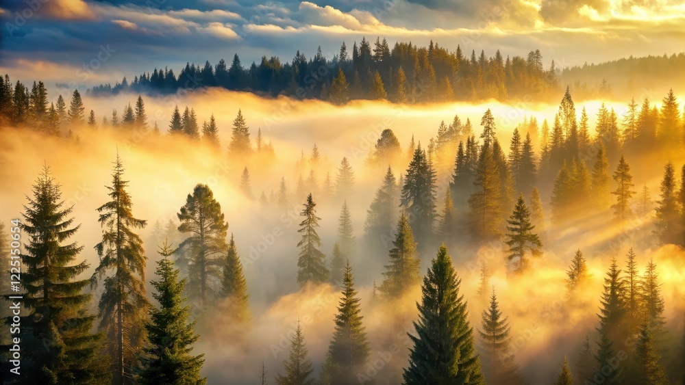Misty forest scene with towering firs in a warm golden light, set against a soft blue sky with scattered clouds, evoking a sense of serenity and nostalgia , mist, golden light Misty forest scene with towering firs in a warm golden light, set against a soft blue sky with scattered clouds, evoking a sense of serenity and nostalgia , mist, golden light