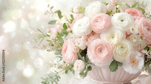 Elegant floral arrangement with soft pink and white ranunculus blooms in vase