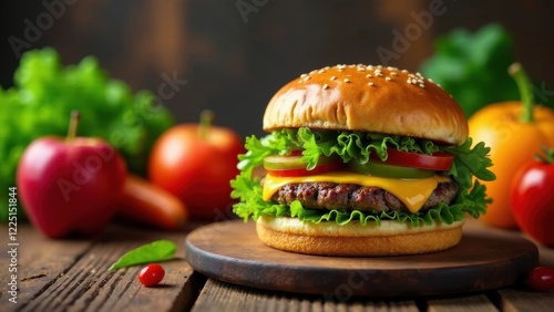 Wallpaper Mural Juicy Beef Patty, Melted Cheese, and Fresh Vegetables on a Sesame Seed Bun, Served with a Side of Colorful Produce Torontodigital.ca