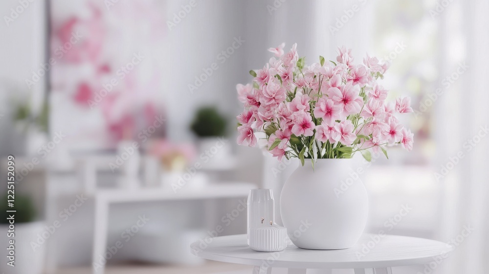 Fresh flowers in white vase placed on a small table in bright room interior with paintings, potted plants and candles on shelves in blurred background Fresh flowers in white vase placed on a small table in bright room interior with paintings, potted plants and candles on shelves in blurred background