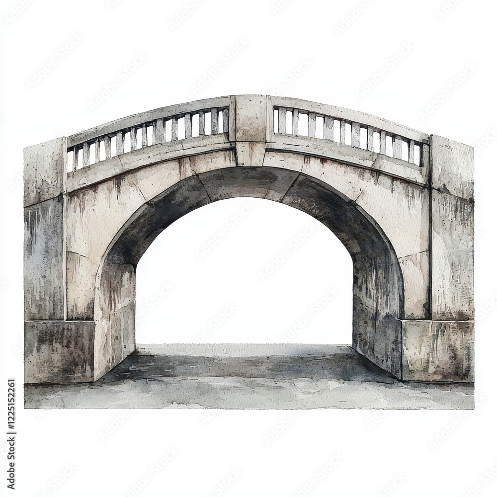 Weathered Gray Stone Arch Bridge Isolated on White Background Weathered Gray Stone Arch Bridge Isolated on White Background