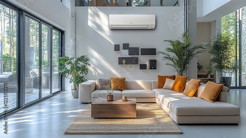 Modern Living Room with Air Conditioner and Sunlit Interior Design