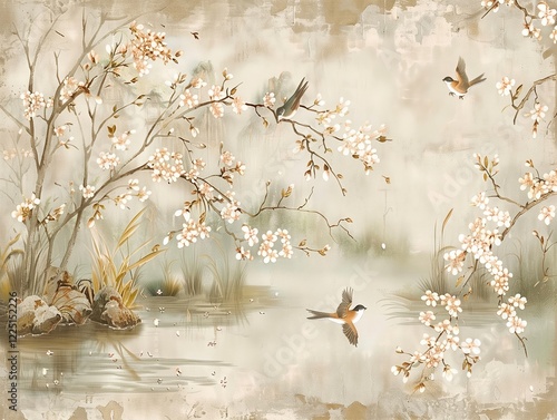 An elegant chinoiserie wallpaper with blooming cherry blossoms, small birds perched on branches, and a tranquil pond in soft pastel tones of cream, beige, gold and grey
