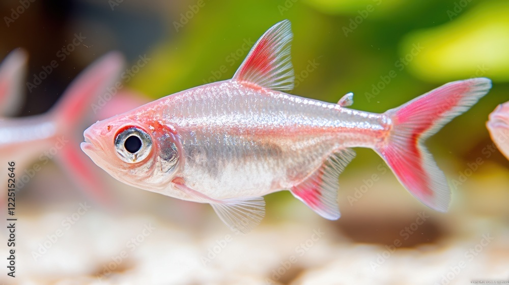 Fototapeta premium Close-up of tetra fish with vibrant pink fins in a freshwater aquarium