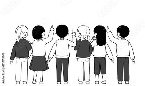 小学生 男女で相談 シンプルな後ろ姿のモノクロイラスト