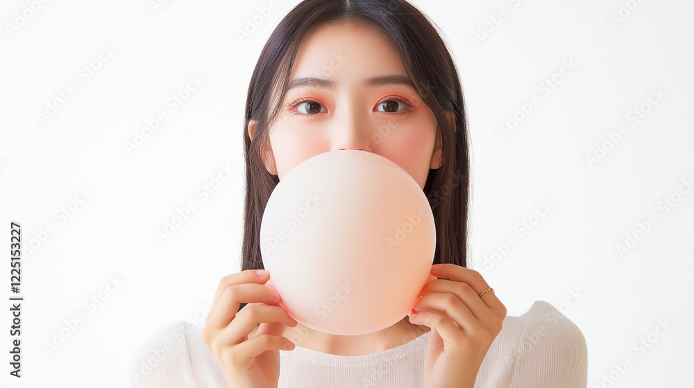 asian woman inflating a balloon with mouth holding it with both hands asian woman inflating a balloon with mouth holding it with both hands