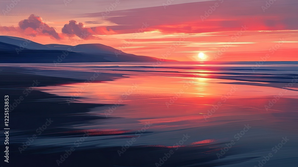 Stunning sunset from a pristine beach, showcasing rich colors and soft light reflecting on the water Stunning sunset from a pristine beach, showcasing rich colors and soft light reflecting on the water