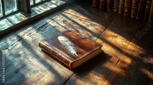 Antique leather journal with feather on wooden desk in sunlight.