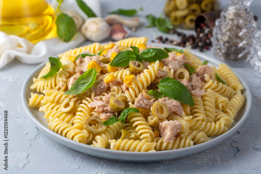 Fusilli pasta, spiral or spirali pasta with tuna fish