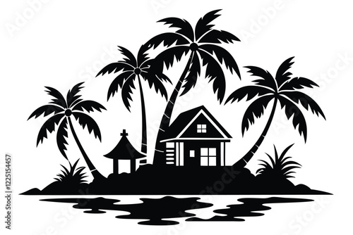 Minimal resort silhouette illustration black and white