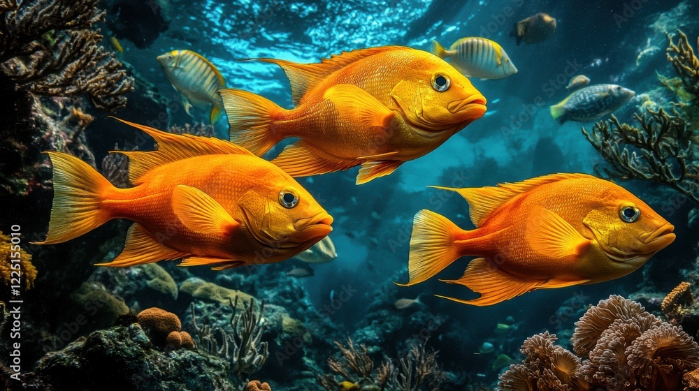 Fototapeta premium Vibrant orange fish swimming among colorful coral in a clear underwater seascape