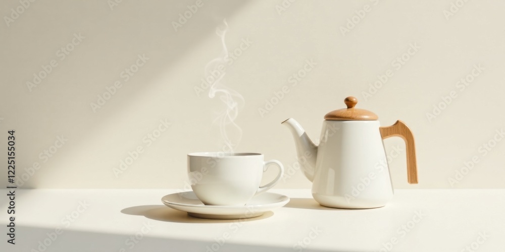 Obraz premium Aromatic steam rises from a warm beverage in a minimalist white teacup and saucer set beside a matching teapot with a light wooden handle and lid, bathed in soft sunlight on a neutral backdrop.