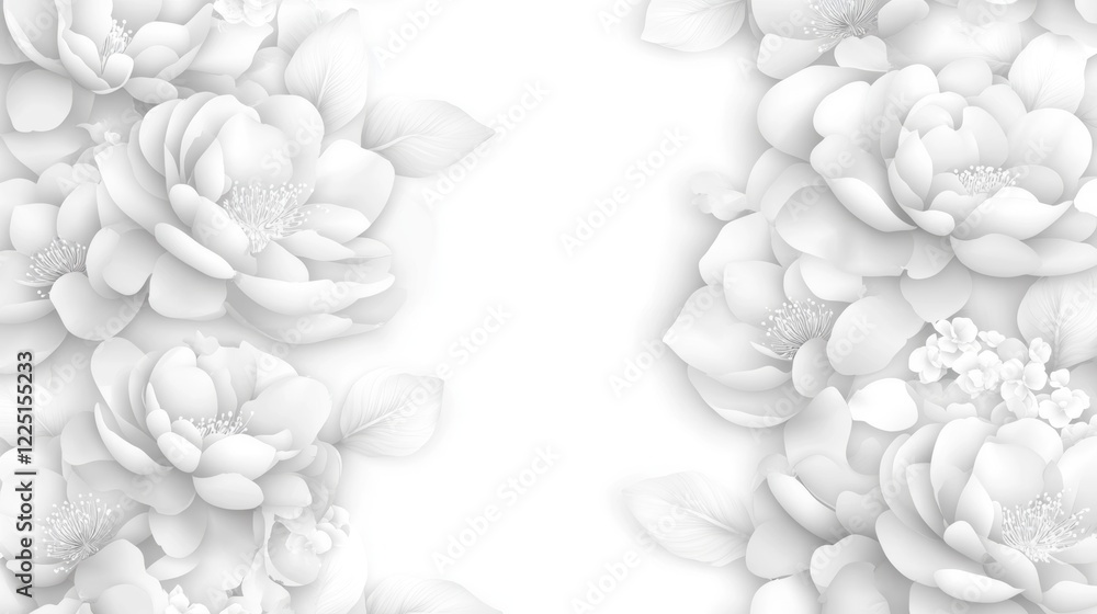 Elegant white floral pattern with peony blooms and leaves on a soft background Elegant white floral pattern with peony blooms and leaves on a soft background