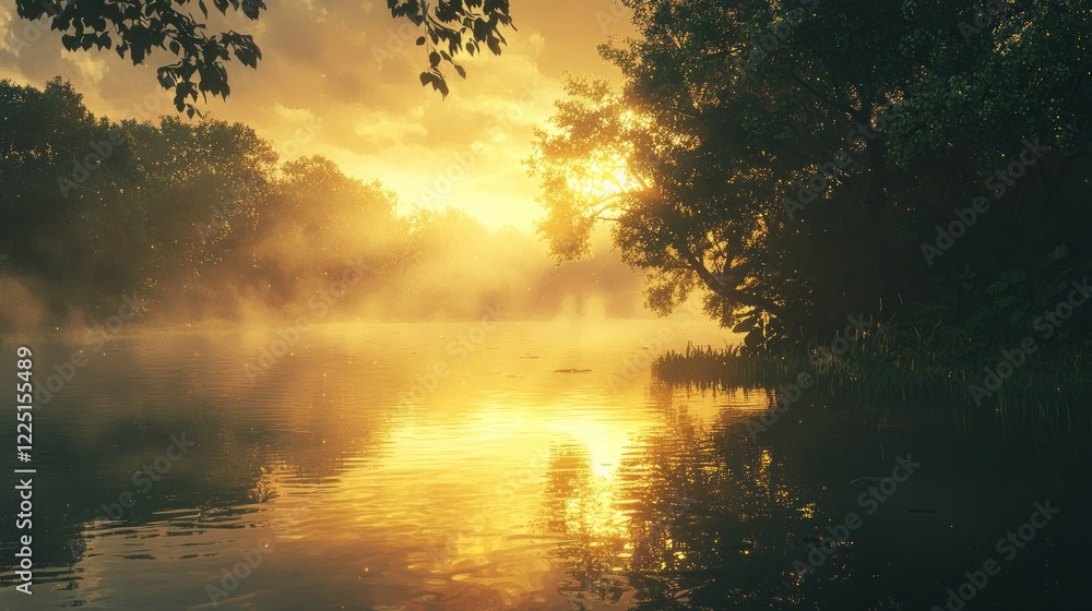 Naklejka premium Misty sunrise over calm river reflecting golden light.