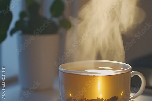 A steaming cup of herbal tea on a bright table with a blurred plant in the background, evoking calm photo