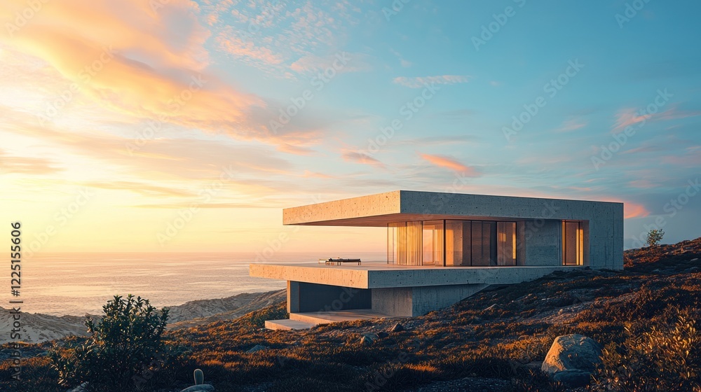 Obraz premium Modern concrete house on clifftop at sunset.