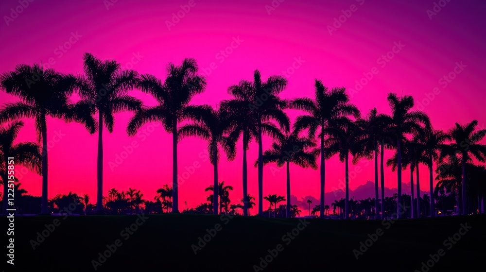 Fototapeta premium Silhouette of palm trees against a vibrant pink sunset sky