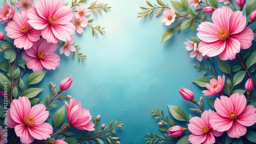 Delicate Pink Blossoms Arranged Symmetrically on a Serene Aqua Background, Creating a Visually Appealing Floral Frame Ideal for Various Designs Delicate Pink Blossoms Arranged Symmetrically on a Serene Aqua Background, Creating a Visually Appealing Floral Frame Ideal for Various Designs
