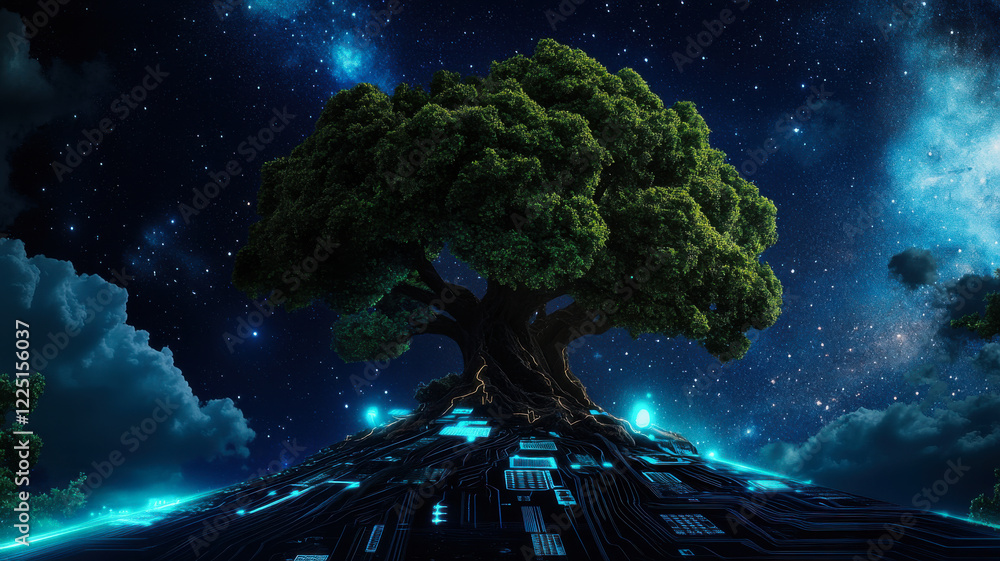 Digital collage merging nature and technology, glowing fiber roots under a starry sky Digital collage merging nature and technology, glowing fiber roots under a starry sky