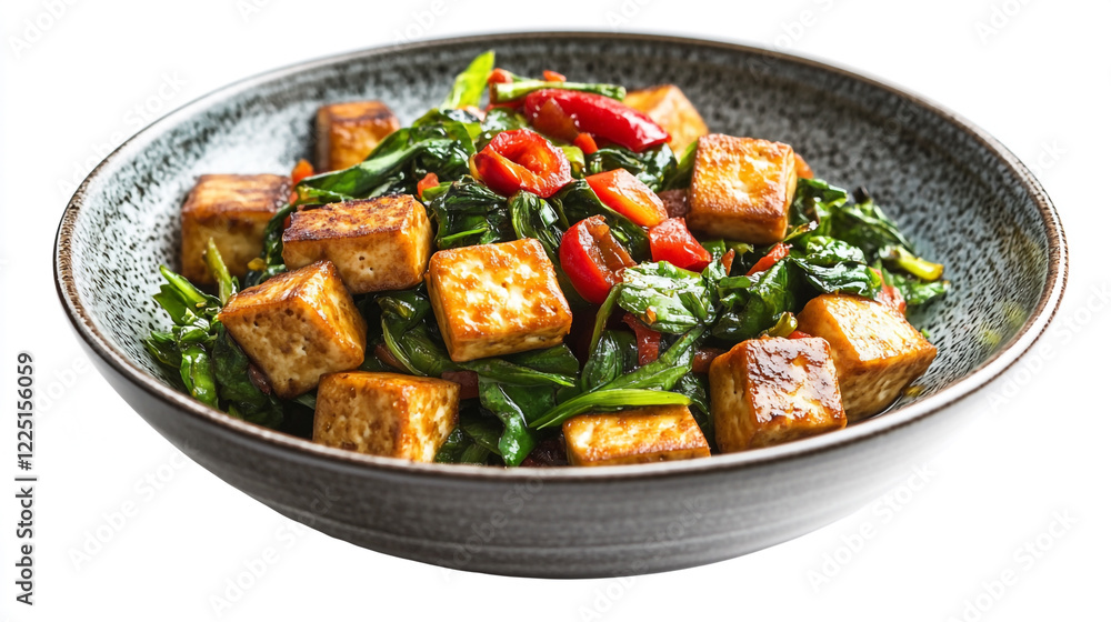 Fresh tofu stir-fry with greens and bell peppers served in a bowl Fresh tofu stir-fry with greens and bell peppers served in a bowl
