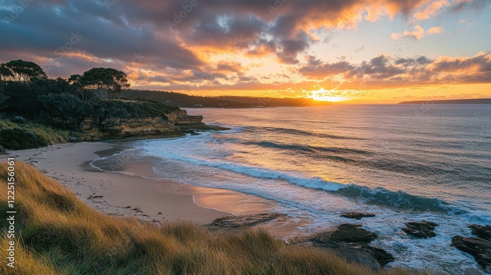 Fototapeta premium Vibrant sunset captured at the perfect moment, with crashing waves and a glowing horizon on a sandy beach