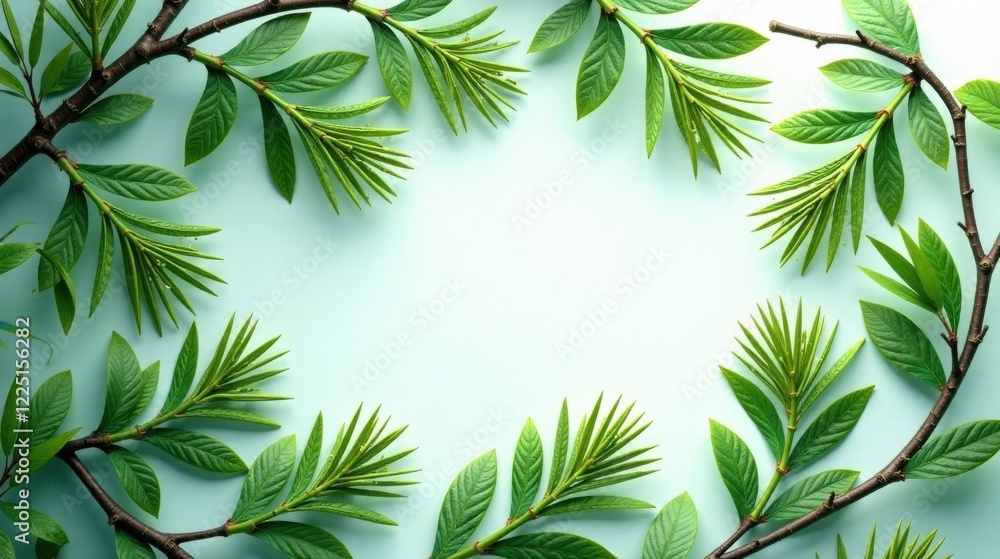 Vibrant Green Spring Branches Forming a Natural Frame on a Pastel Background Vibrant Green Spring Branches Forming a Natural Frame on a Pastel Background