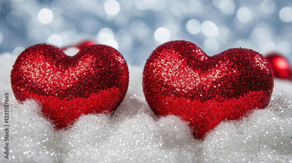 Obraz premium A magical scene of glittery red hearts surrounded by white clouds, evoking a romantic, whimsical feeling.